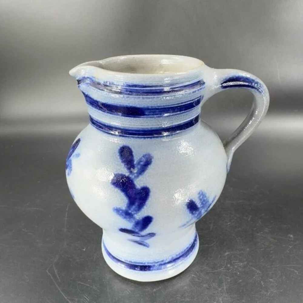 Vintage‎ German Pottery Salt Glaze Cobalt Blue Gray Glaze Pitcher Large Creamer